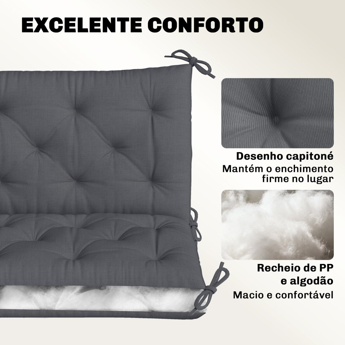 Almofada para Banco com Encosto 100x98x8cm Almofada de Banco de 2 Lugares com 6 Cordões de Fixação para Jardim Terraço Balcão Exterior Cinza - Image 6