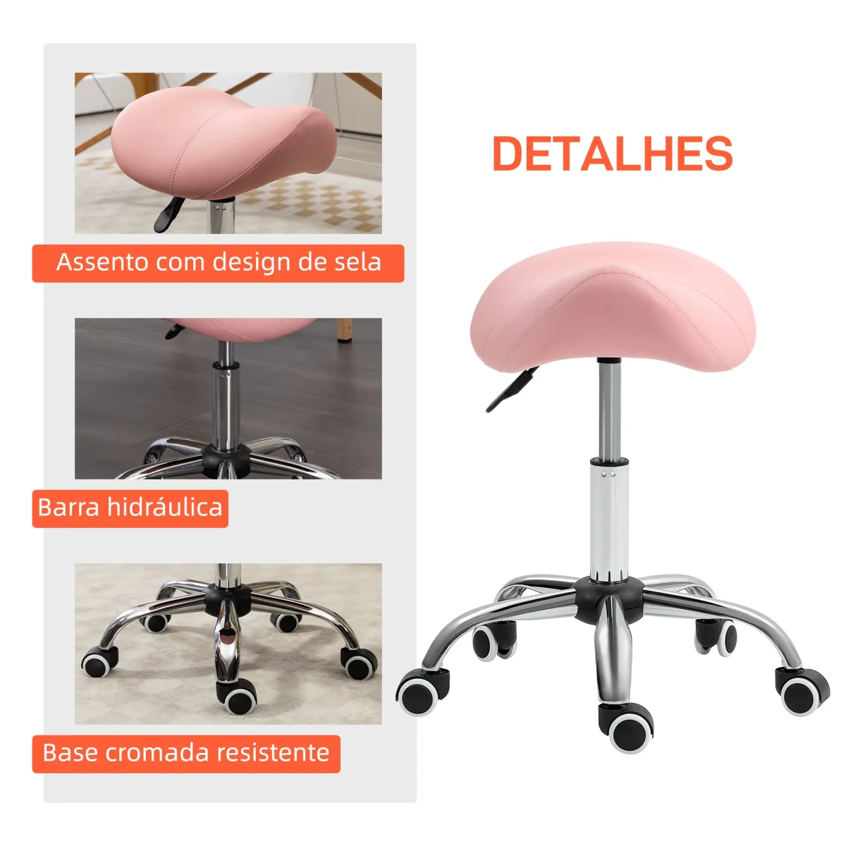 Banco com Rodas Banco Giratório Cosmético com Altura Ajustável Assento Acolchoado e Amplo Dentista Cabeleireiro Carga 120 kg 52x53x49-61 cm Rosa - Image 7