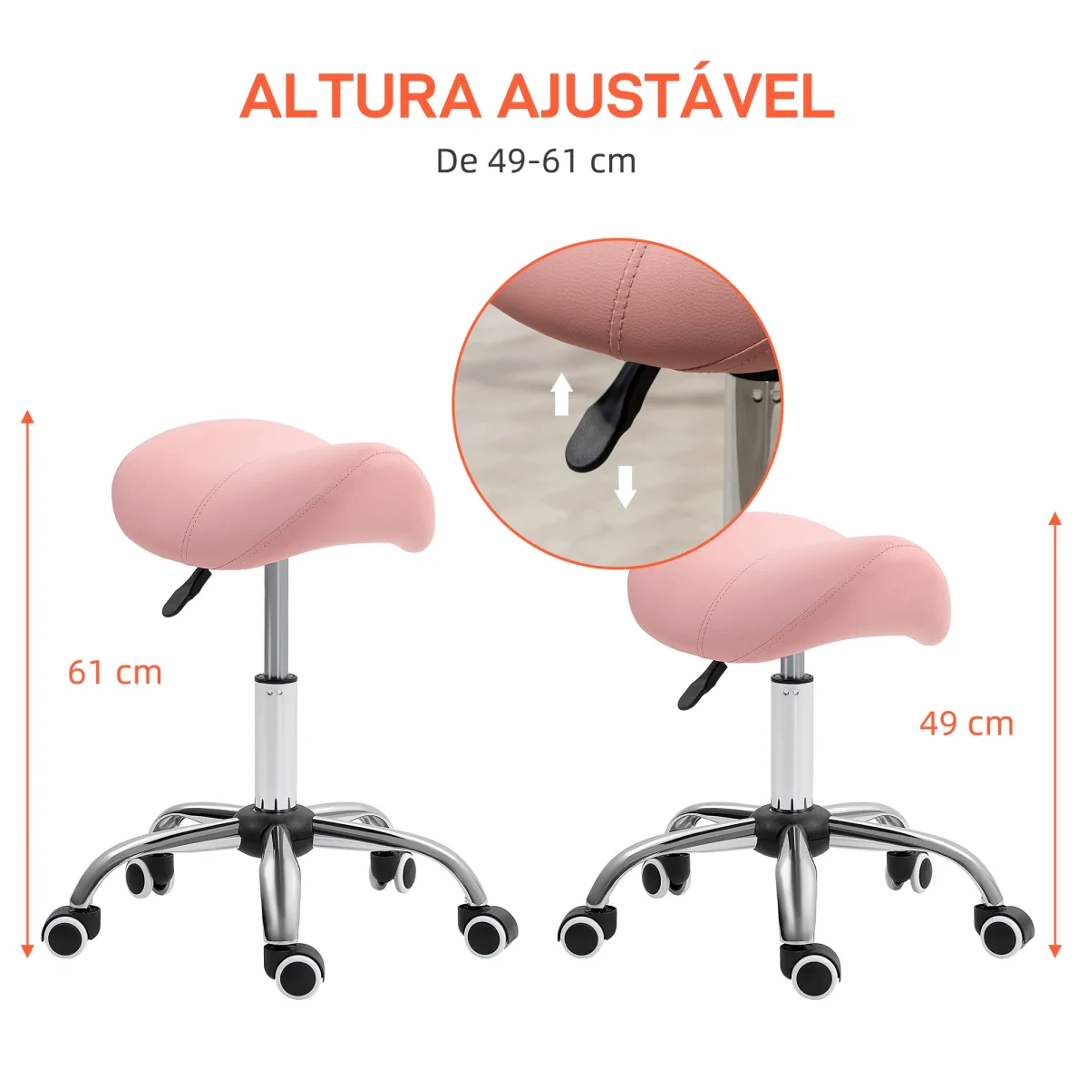 Banco com Rodas Banco Giratório Cosmético com Altura Ajustável Assento Acolchoado e Amplo Dentista Cabeleireiro Carga 120 kg 52x53x49-61 cm Rosa - Image 5