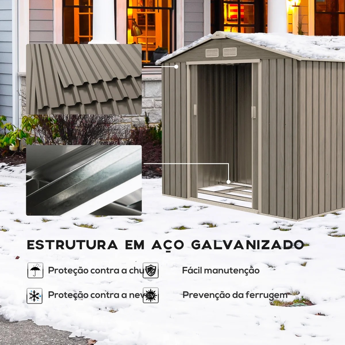 Abrigo de Jardim 213x130x185 cm Abrigo de Jardim Metálico de Exterior para Armazenamento de Ferramentas com 2 Portas Deslizantes e 4 Janelas para Terraço Madeira - Image 5