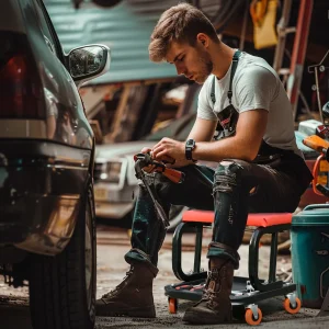 Banco de Oficina Móvel com Rodas Banco para Mecânico com Bandeja para Ferramentas e Estrutura de Aço Carga 100 kg para Garagem Reparação de Automóveis 38x35x37 cm Vermelho
