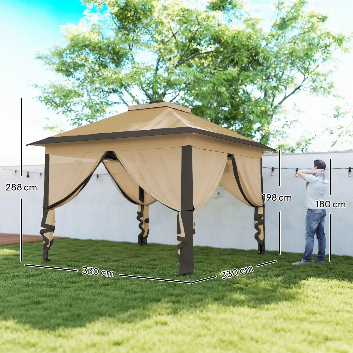 Pérgola Dobrável Exterior 3,3x3,3 m com Altura Ajustável Pérgola de Jardim com Teto Duplo 4 Mosquiteiras Removíveis e Bolsa de Transporte para Acampamento Festas Bege - Image 4
