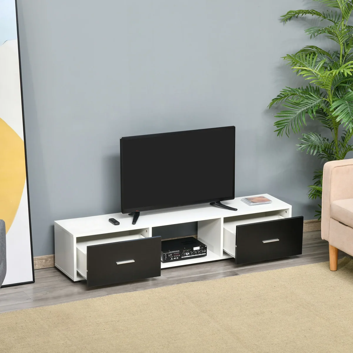 Móvel de TV para Televisores de até 60" Móvel de Sala de Estar Moderno com 2 Gavetas e Compartimento Aberto 140x30x32cm Branco e Preto - Image 2
