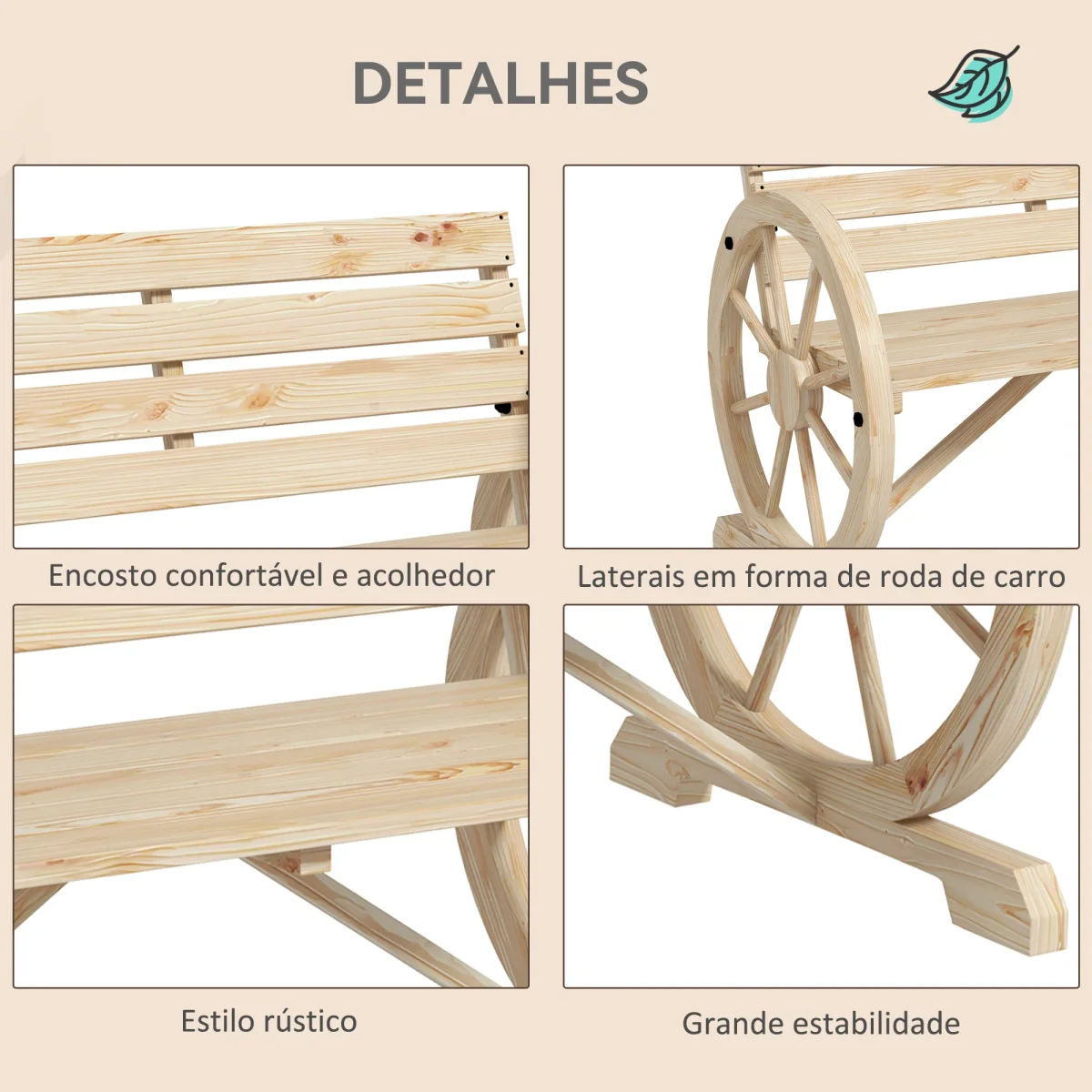 Banco de Jardim de Madeira Banco Exterior com Apoios em Forma de Roda Estilo Rústico Suporta até 240 kg 2 Lugares para Pátio ou Terraço 105,5x56x79 cm Madeira - Image 6