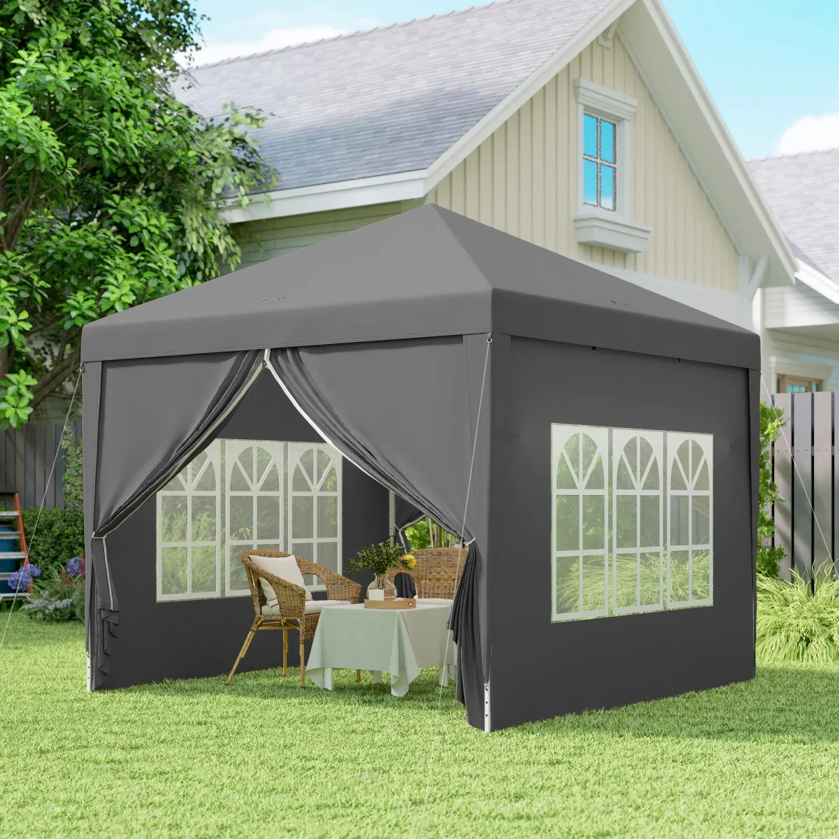 Tenda de Jardim com Paredes Laterais Amovíveis Janelas Porta com Fecho de Correr e Bolsa de Transporte 295x295x196-258 cm Cinzento - Image 9