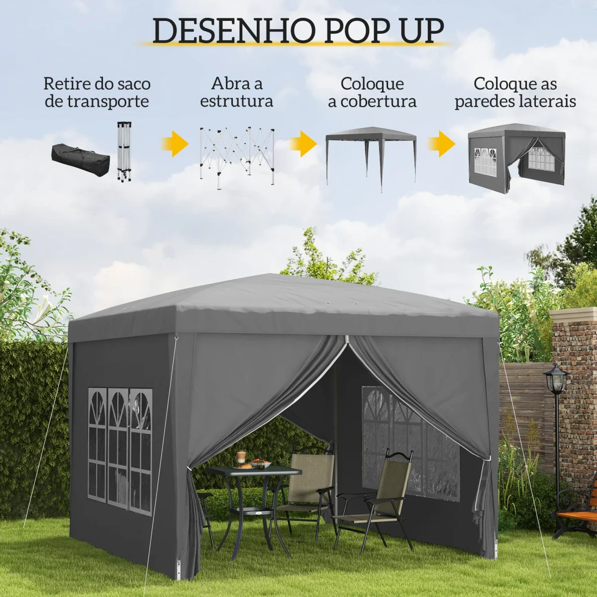 Tenda de Jardim com Paredes Laterais Amovíveis Janelas Porta com Fecho de Correr e Bolsa de Transporte 295x295x196-258 cm Cinzento - Image 5