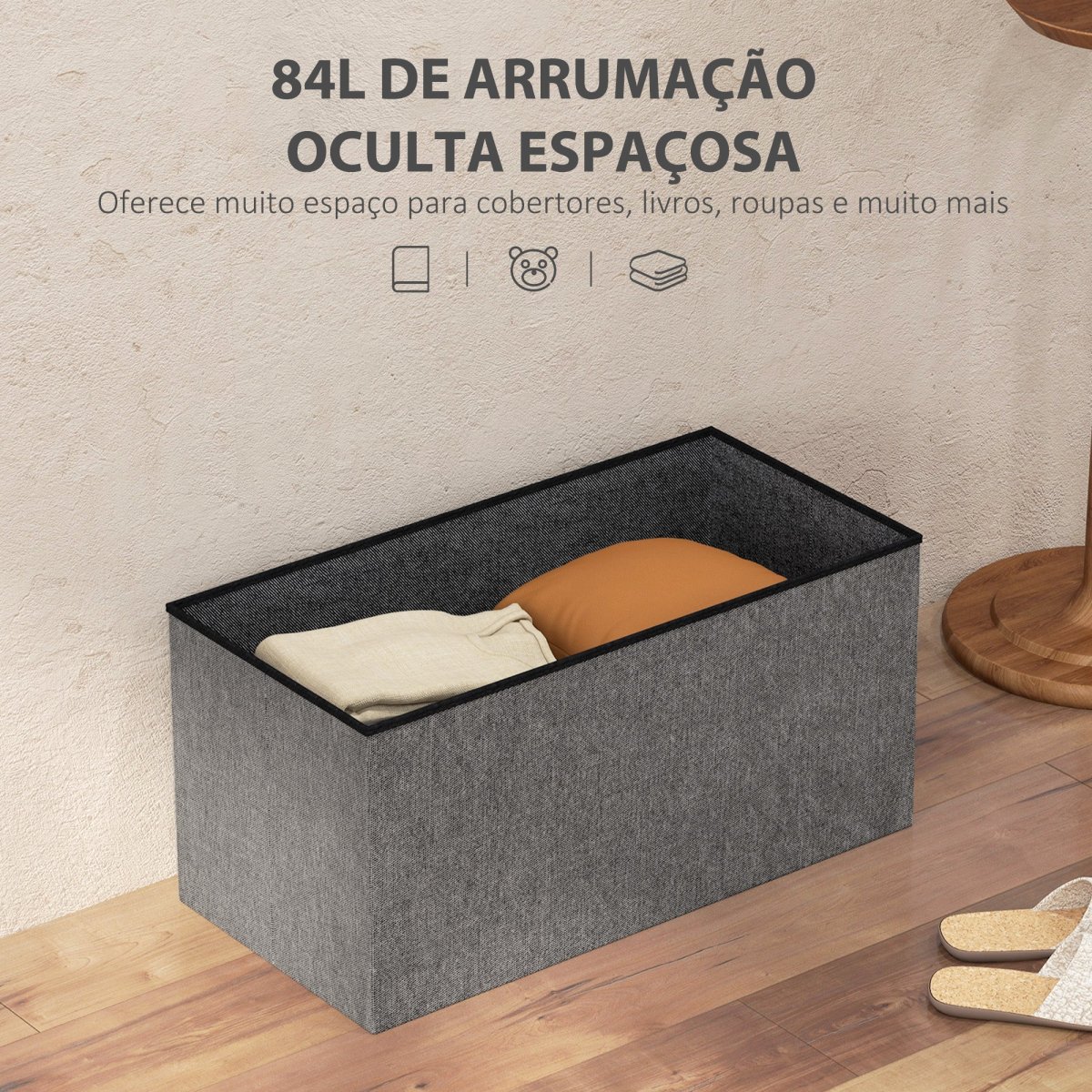 Baú de Armazenamento para Dormitório 84L Puff de Armazenamento Dobrável Estofado em Linho Sintético com Tampa para Sala de Estar 76x38x38 cm Cinza Escuro - Image 5
