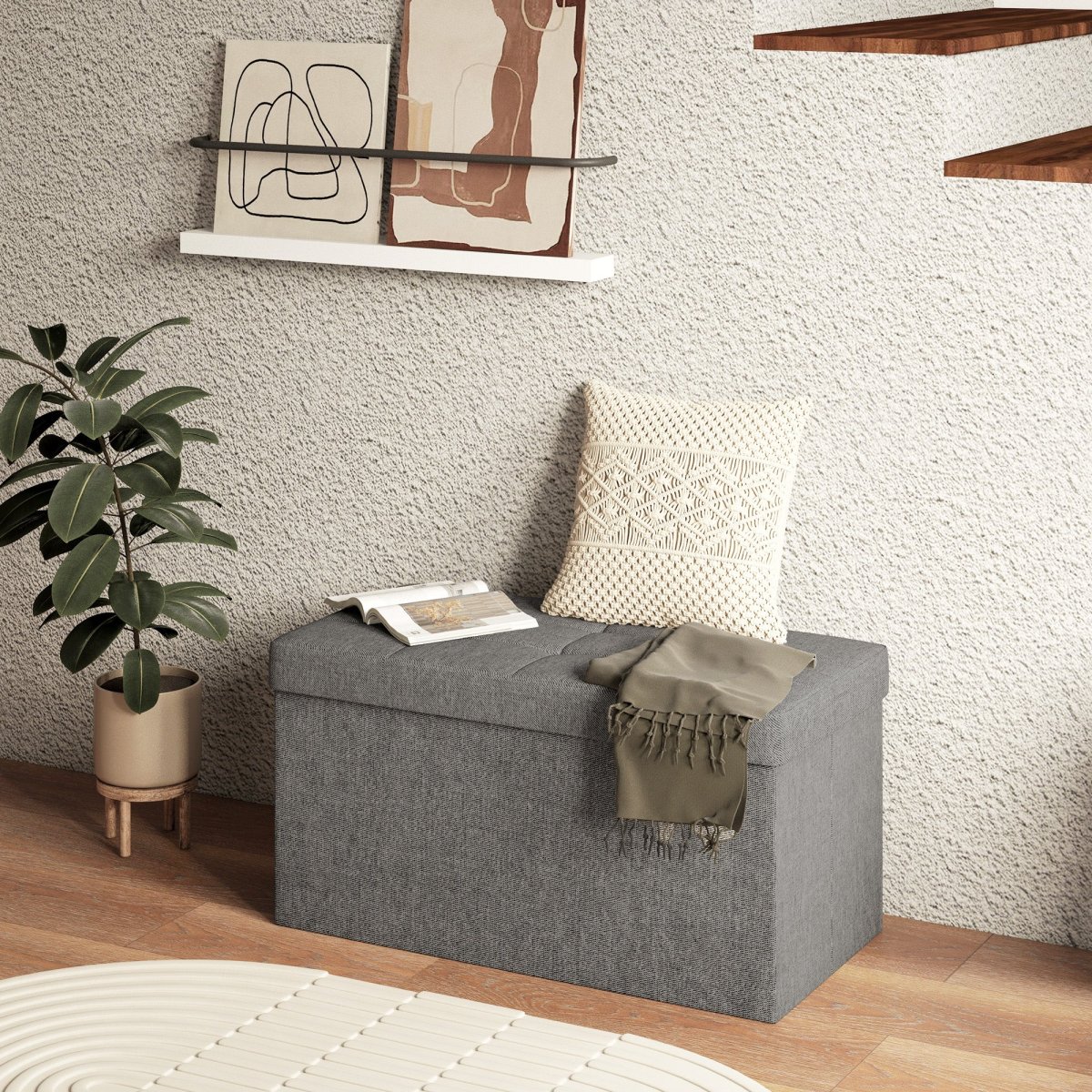 Baú de Armazenamento para Dormitório 84L Puff de Armazenamento Dobrável Estofado em Linho Sintético com Tampa para Sala de Estar 76x38x38 cm Cinza Escuro - Image 8