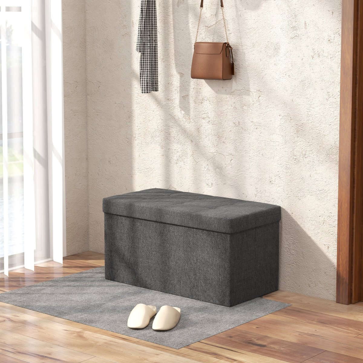 Baú de Armazenamento para Dormitório 84L Puff de Armazenamento Dobrável Estofado em Linho Sintético com Tampa para Sala de Estar 76x38x38 cm Cinza Escuro - Image 7