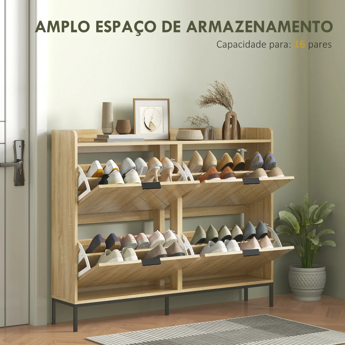 Sapateira Estreita com 4 Portas Rebatíveis Sapateira para Entrada com Prateleiras Ajustáveis para 16 Pares de Sapatos para Corredor Espaços Reduzidos 120x23,5x95,5 cm Madeira - Image 5