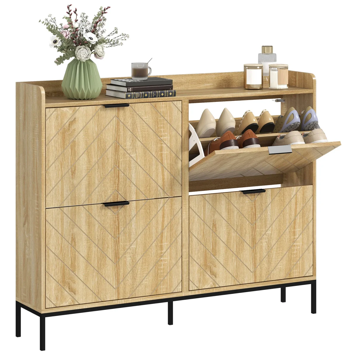Sapateira Estreita com 4 Portas Rebatíveis Sapateira para Entrada com Prateleiras Ajustáveis para 16 Pares de Sapatos para Corredor Espaços Reduzidos 120x23,5x95,5 cm Madeira - Image 3