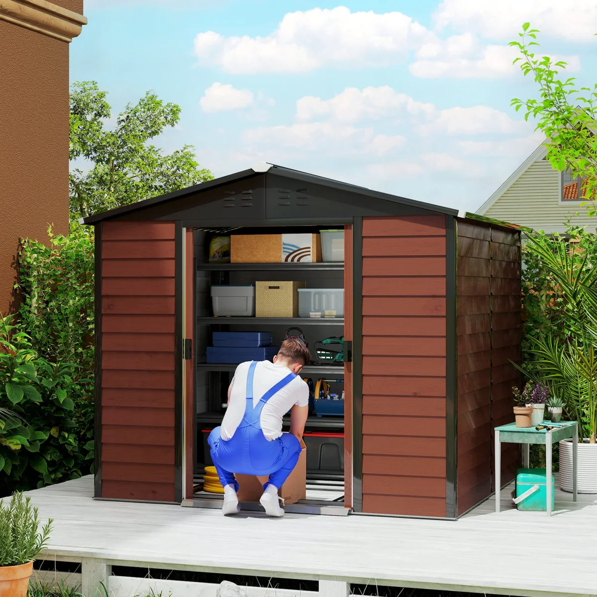 Abrigo de Jardim Exterior 4,4 m² 240x206x198 cm Abrigo de Jardim com Porta de Correr e Fechadura Armário para Jardim Pátio Teca - Image 2