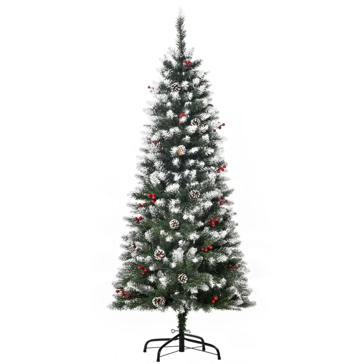 Árvore de Natal Artificial 150cm Ignífugo com 408 Ramos 28 Bagas 24 Pinhas Folhas de PVC e Suporte Metálico Decoração de Natal para Interiores Verde - Image 3