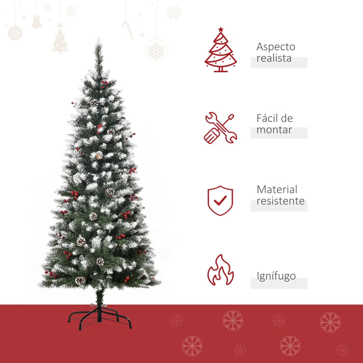 Árvore de Natal Artificial 150cm Ignífugo com 408 Ramos 28 Bagas 24 Pinhas Folhas de PVC e Suporte Metálico Decoração de Natal para Interiores Verde - Image 5