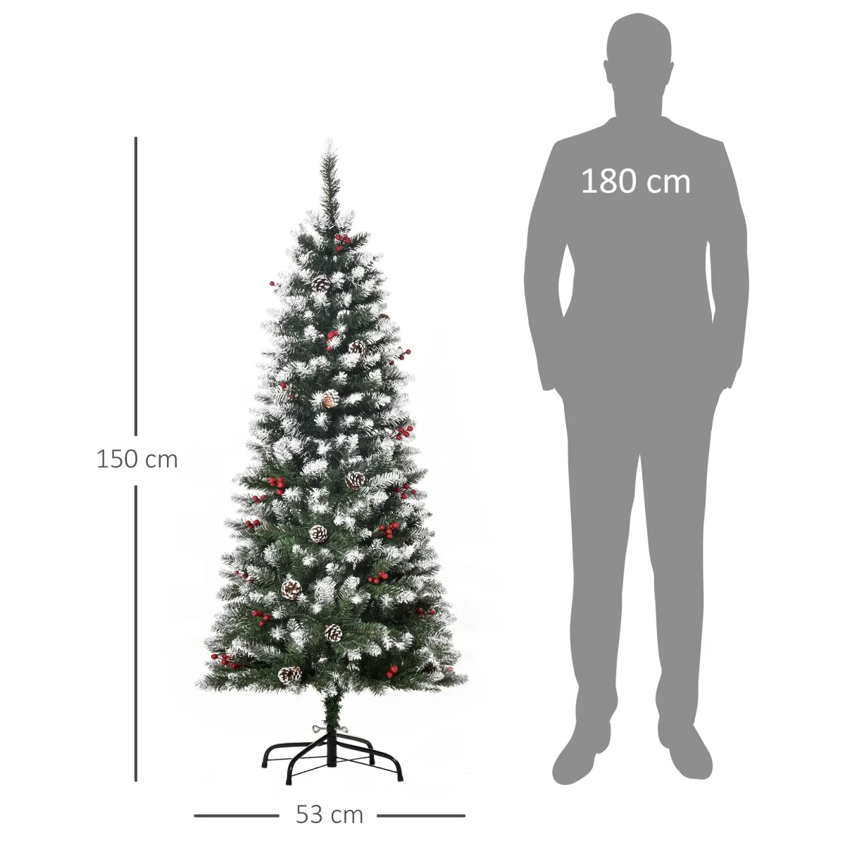 Árvore de Natal Artificial 150cm Ignífugo com 408 Ramos 28 Bagas 24 Pinhas Folhas de PVC e Suporte Metálico Decoração de Natal para Interiores Verde - Image 4