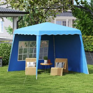 Tenda Dobrável com 2 Paredes Laterais 2,4x2,4 m Tenda de Jardim com Altura Ajustável Proteção UV50+ e Bolsa de Transporte para Exteriores Pátio Azul