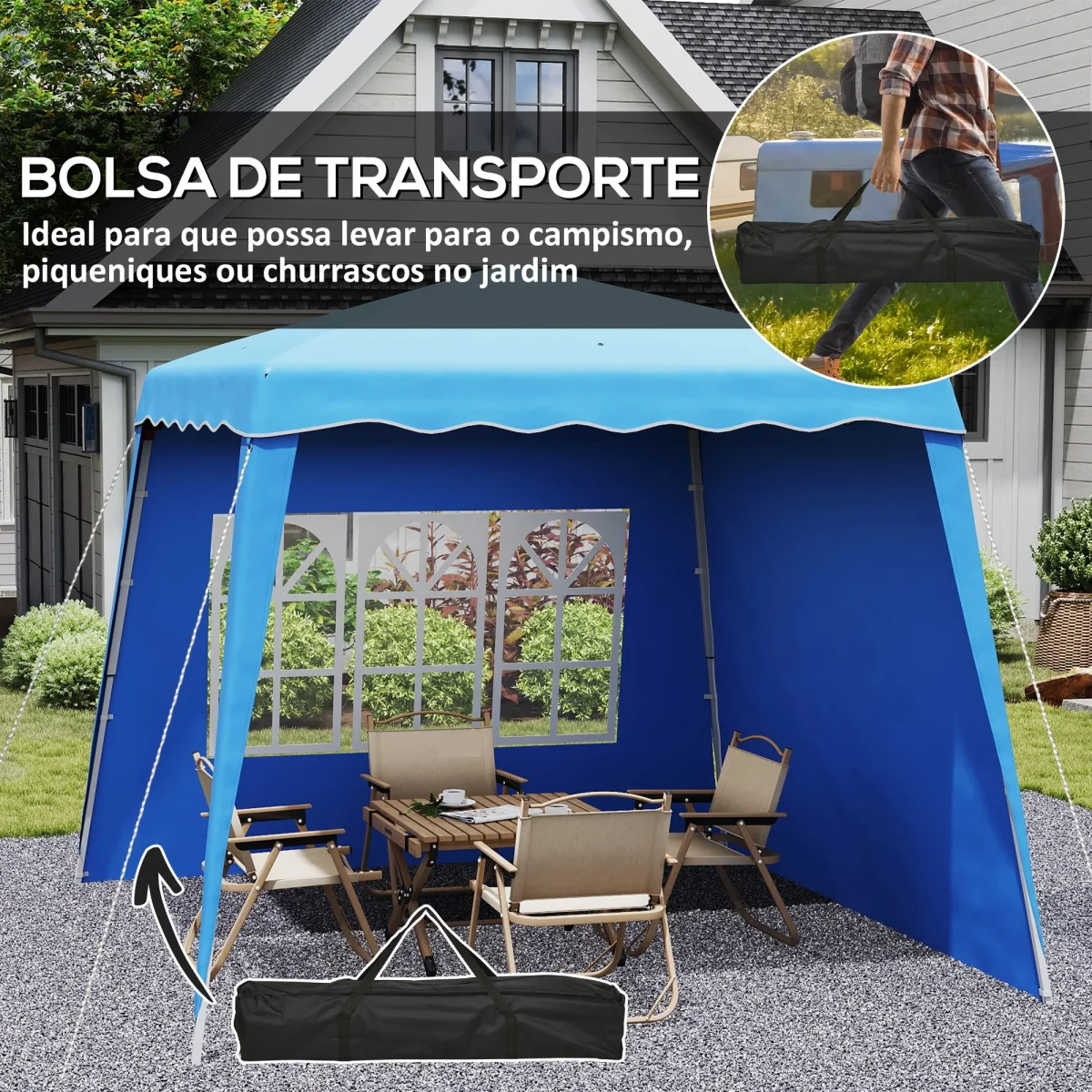 Tenda Dobrável com 2 Paredes Laterais 2,4x2,4 m Tenda de Jardim com Altura Ajustável Proteção UV50+ e Bolsa de Transporte para Exteriores Pátio Azul - Image 9