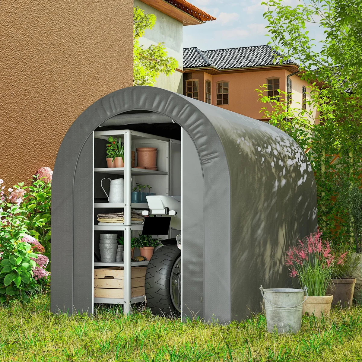 Tenda de Jardim Exterior para Ferramentas Bicicletas 2,4x1,6x1,9 m Abrigo Exterior com Estrutura em Aço Porta Enrolável com Fecho Impermeável Garagem Portátil Cinzento Claro - Image 2