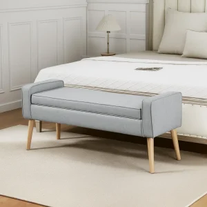 Banco de Armazenamento Baú de Armazenamento Estofado em Linho com Tampa Abatível e Pés de Madeira para Dormitório Sala de Estar Entrada Carga 120kg 120x45x54 cm Cinza Claro