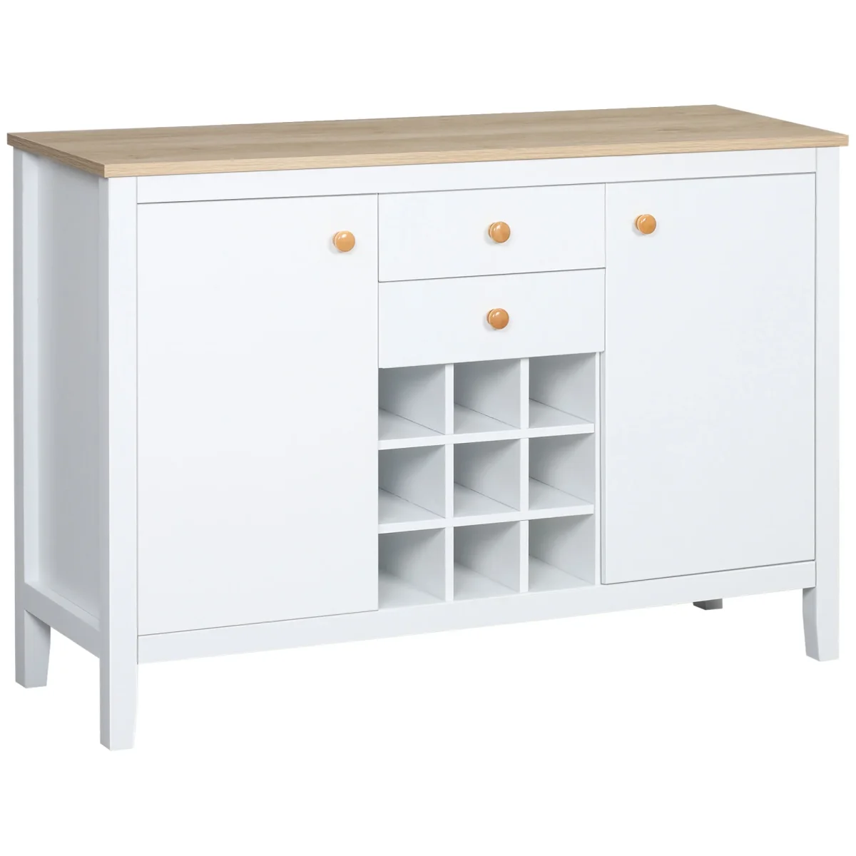 Aparador de Cozinha Moderno com 2 Gavetas 2 Armários com Prateleiras Ajustáveis e Suporte para 9 Garrafas Móvel Auxiliar de Armazenamento para Sala de Jantar 110x35x75 cm Branco e Madeira - Image 3