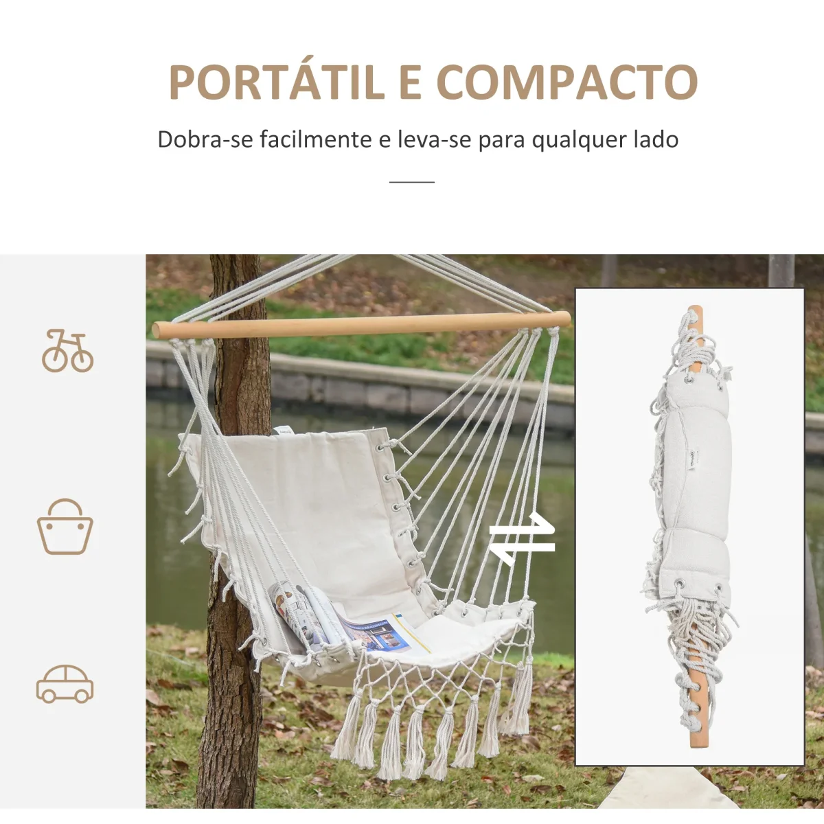 Cadeira Suspensa com Borlas Cadeira Rede Suspensa de Algodão Capacidade 120 kg Cadeira Baloiço Estilo Moderno para Interior e Exterior 90x50 cm Bege - Image 6