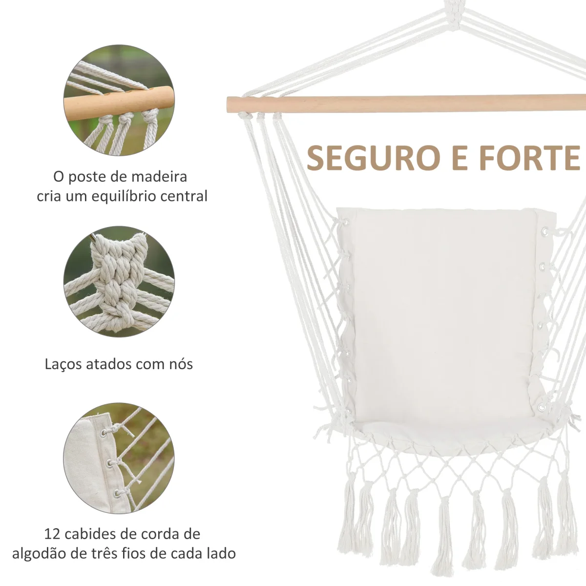 Cadeira Suspensa com Borlas Cadeira Rede Suspensa de Algodão Capacidade 120 kg Cadeira Baloiço Estilo Moderno para Interior e Exterior 90x50 cm Bege - Image 5