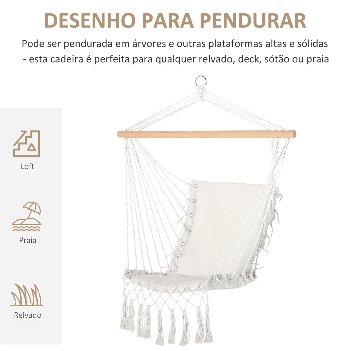 Cadeira Suspensa com Borlas Cadeira Rede Suspensa de Algodão Capacidade 120 kg Cadeira Baloiço Estilo Moderno para Interior e Exterior 90x50 cm Bege - Image 7