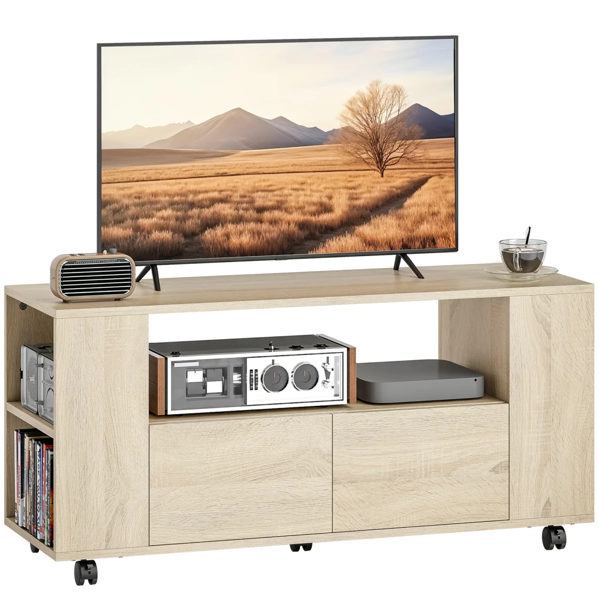 Móvel de TV com Rodas Mesa de TV Móvel Móvel para Televisão até 42 Polegadas com 2 Gavetas Prateleiras Ajustáveis para Sala de Estar Quarto 102x34,5x48,5 cm Madeira - Image 3