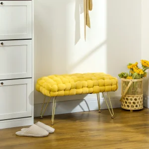 Apoio para os Pés Sala de Estar Apoio para os Pés em Veludo com Pés de Metal e Assento Acolchoado para Dormitório Entrada 76x38x41,5 cm Amarelo