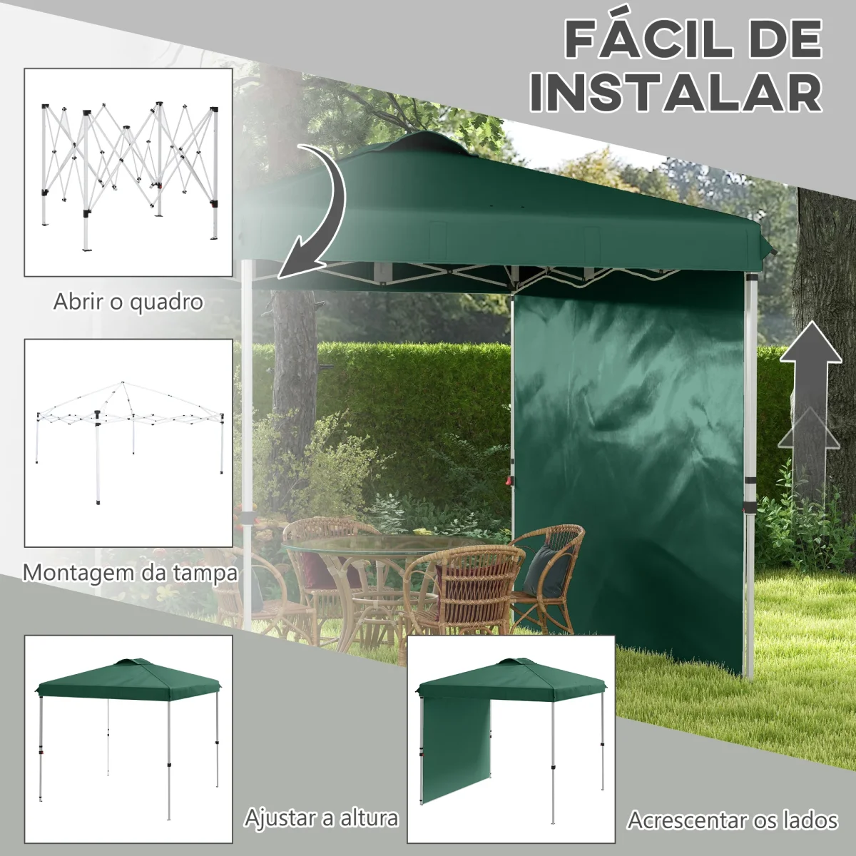 Tenda Dobrável 2,5x2,5 m Altura Ajustável Tenda de Jardim com 1 Parede Lateral Teto com Ventilação e Bolsa de Transporte para Acampamento Festas Verde - Image 5