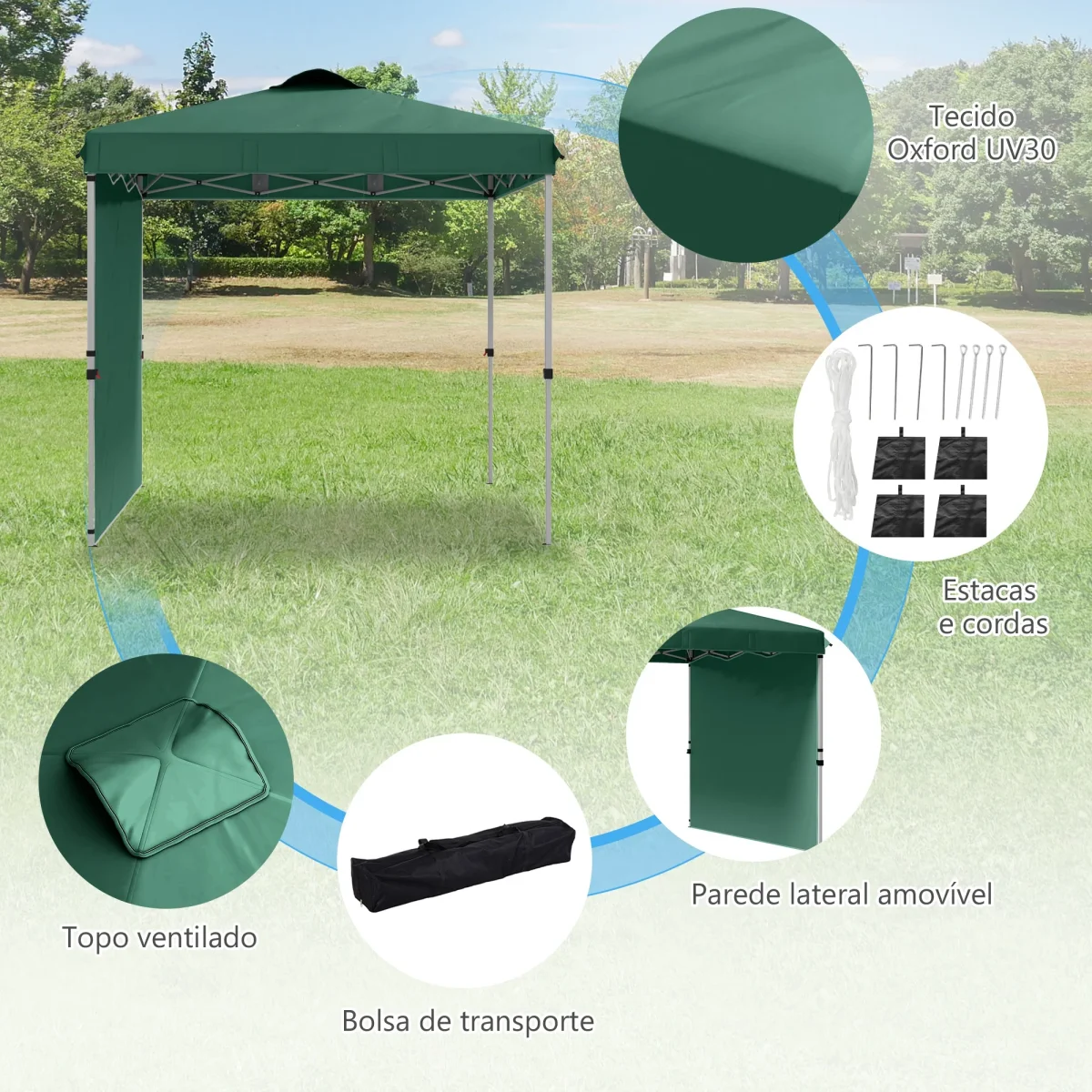 Tenda Dobrável 2,5x2,5 m Altura Ajustável Tenda de Jardim com 1 Parede Lateral Teto com Ventilação e Bolsa de Transporte para Acampamento Festas Verde - Image 7