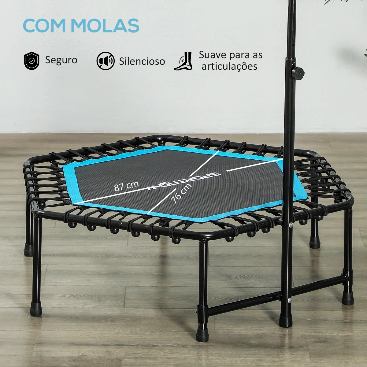 Trampolim Fitness 114x114x132 cm Trampolim Fitness com Guiador Ajustável em 3 Níveis Estrutura de Aço para Treino de Perna Corpo em Casa Escritório Ginásio Azul - Image 6