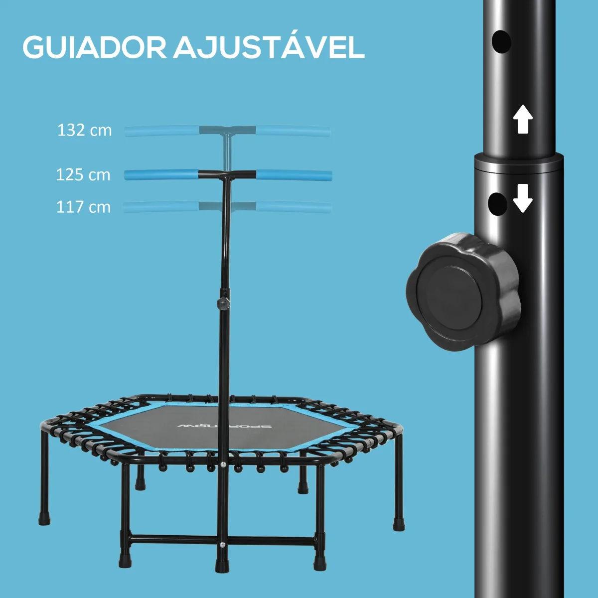 Trampolim Fitness 114x114x132 cm Trampolim Fitness com Guiador Ajustável em 3 Níveis Estrutura de Aço para Treino de Perna Corpo em Casa Escritório Ginásio Azul - Image 5