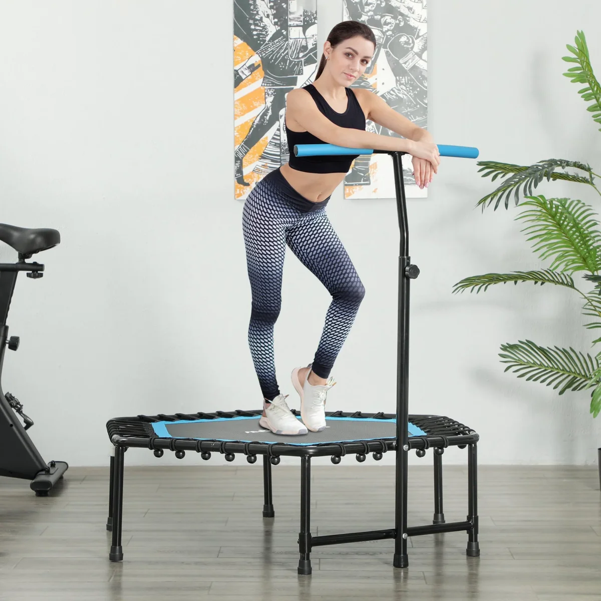 Trampolim Fitness 114x114x132 cm Trampolim Fitness com Guiador Ajustável em 3 Níveis Estrutura de Aço para Treino de Perna Corpo em Casa Escritório Ginásio Azul - Image 2