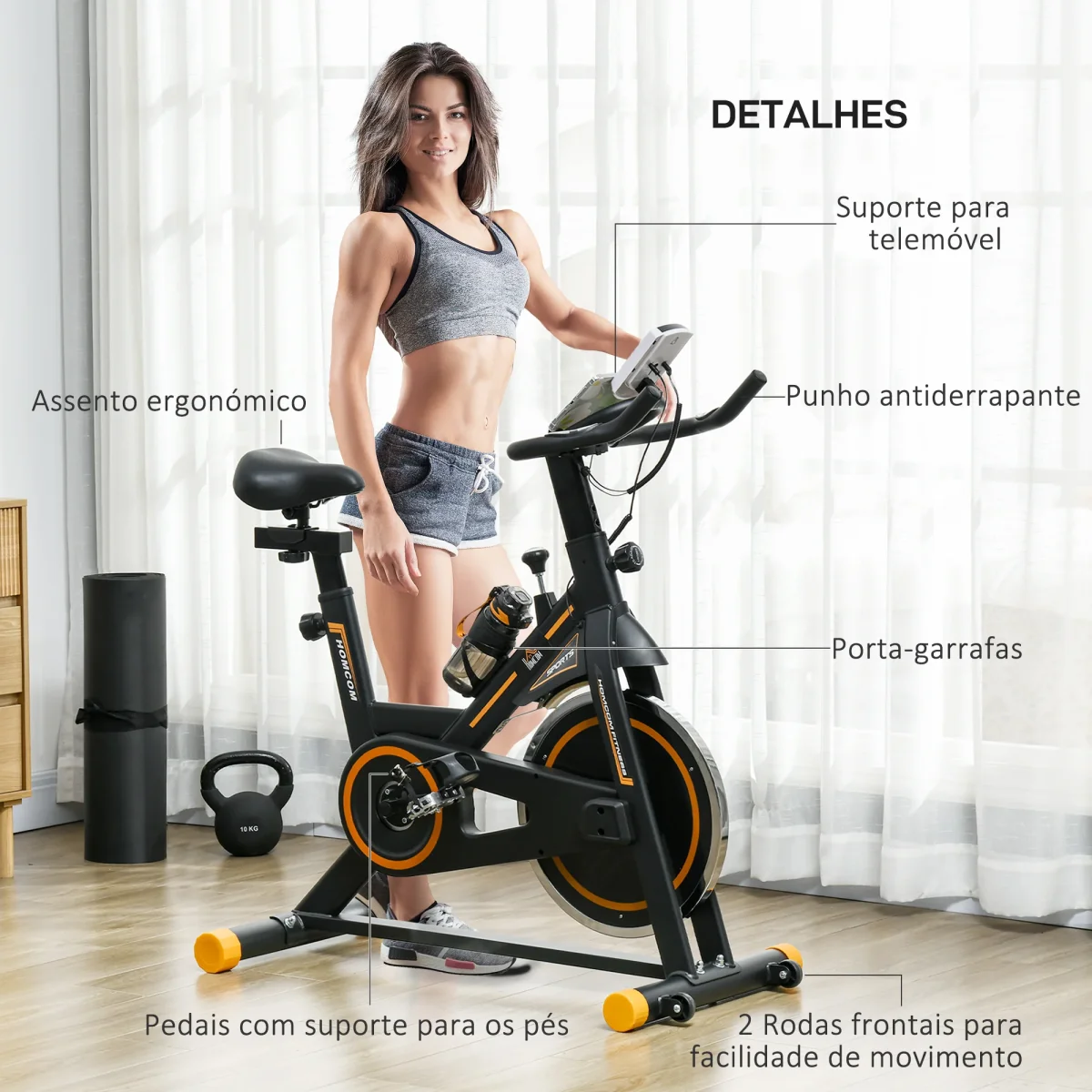 Bicicleta Estática com Resistência Ajustável Bicicleta Fitness com Volante de Inércia de 8kg Ecrã LCD Assento e Guiador Ajustáveis Suporte para Tablet 103x48x115cm Preto e Laranja - Image 8