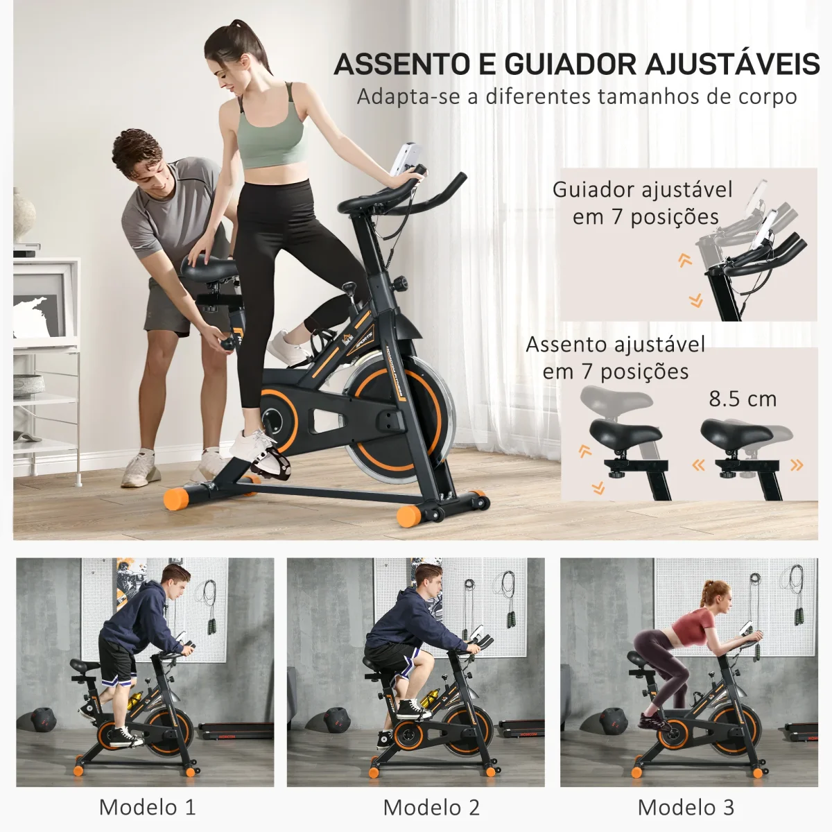 Bicicleta Estática com Resistência Ajustável Bicicleta Fitness com Volante de Inércia de 8kg Ecrã LCD Assento e Guiador Ajustáveis Suporte para Tablet 103x48x115cm Preto e Laranja - Image 7