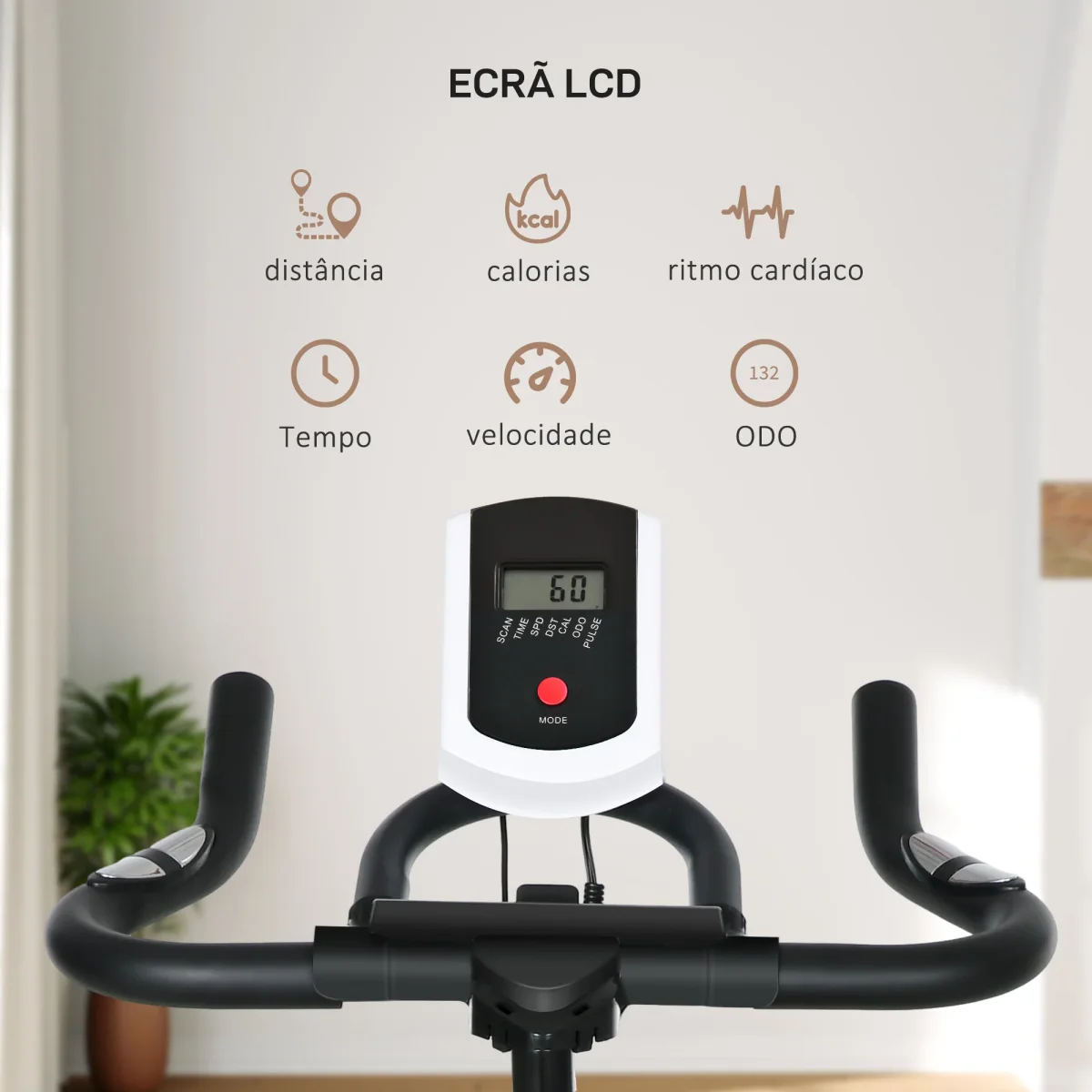 Bicicleta Estática com Resistência Ajustável Bicicleta Fitness com Volante de Inércia de 8kg Ecrã LCD Assento e Guiador Ajustáveis Suporte para Tablet 103x48x115cm Preto e Laranja - Image 5