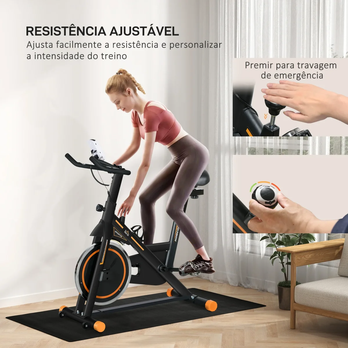 Bicicleta Estática com Resistência Ajustável Bicicleta Fitness com Volante de Inércia de 8kg Ecrã LCD Assento e Guiador Ajustáveis Suporte para Tablet 103x48x115cm Preto e Laranja - Image 6