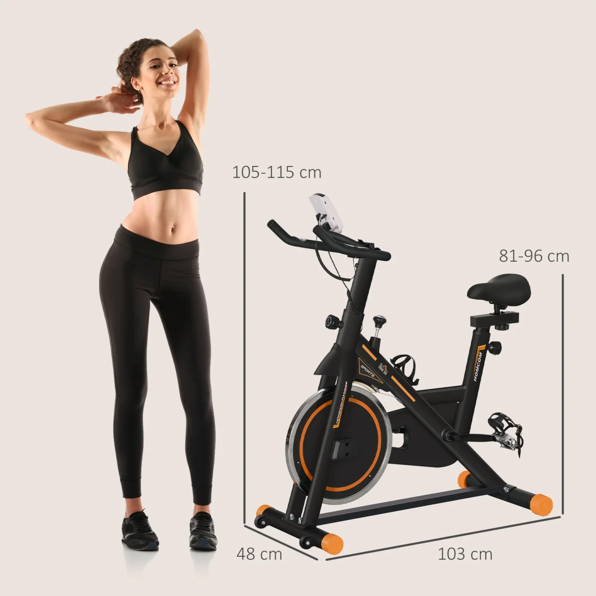 Bicicleta Estática com Resistência Ajustável Bicicleta Fitness com Volante de Inércia de 8kg Ecrã LCD Assento e Guiador Ajustáveis Suporte para Tablet 103x48x115cm Preto e Laranja - Image 4