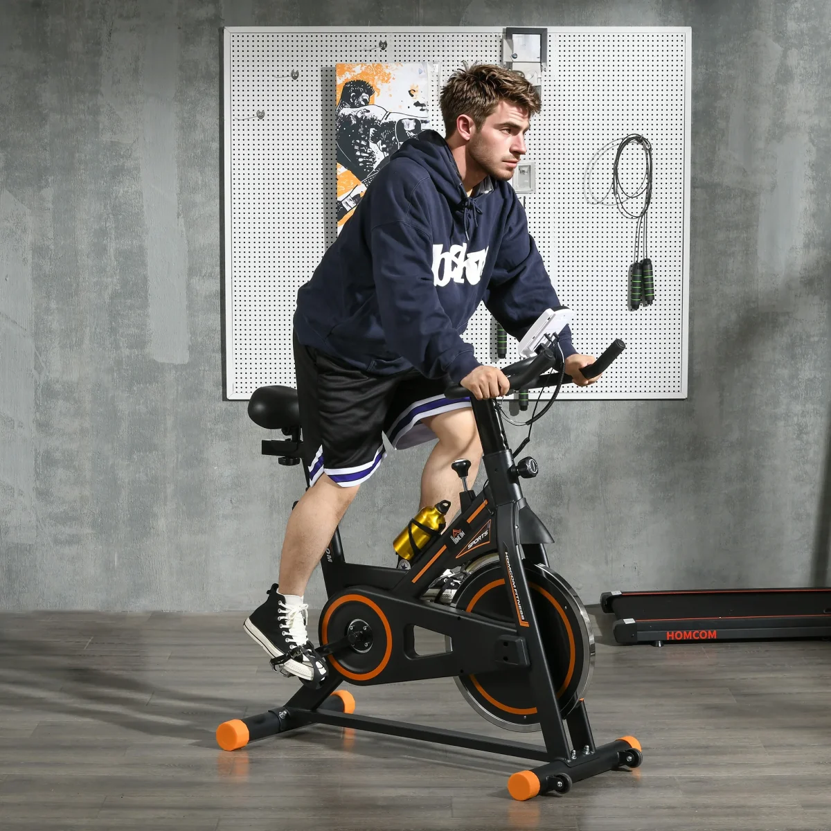 Bicicleta Estática com Resistência Ajustável Bicicleta Fitness com Volante de Inércia de 8kg Ecrã LCD Assento e Guiador Ajustáveis Suporte para Tablet 103x48x115cm Preto e Laranja