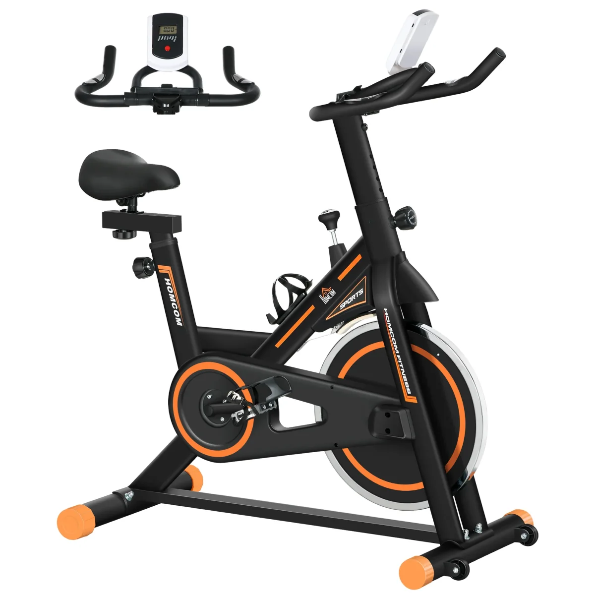 Bicicleta Estática com Resistência Ajustável Bicicleta Fitness com Volante de Inércia de 8kg Ecrã LCD Assento e Guiador Ajustáveis Suporte para Tablet 103x48x115cm Preto e Laranja - Image 3
