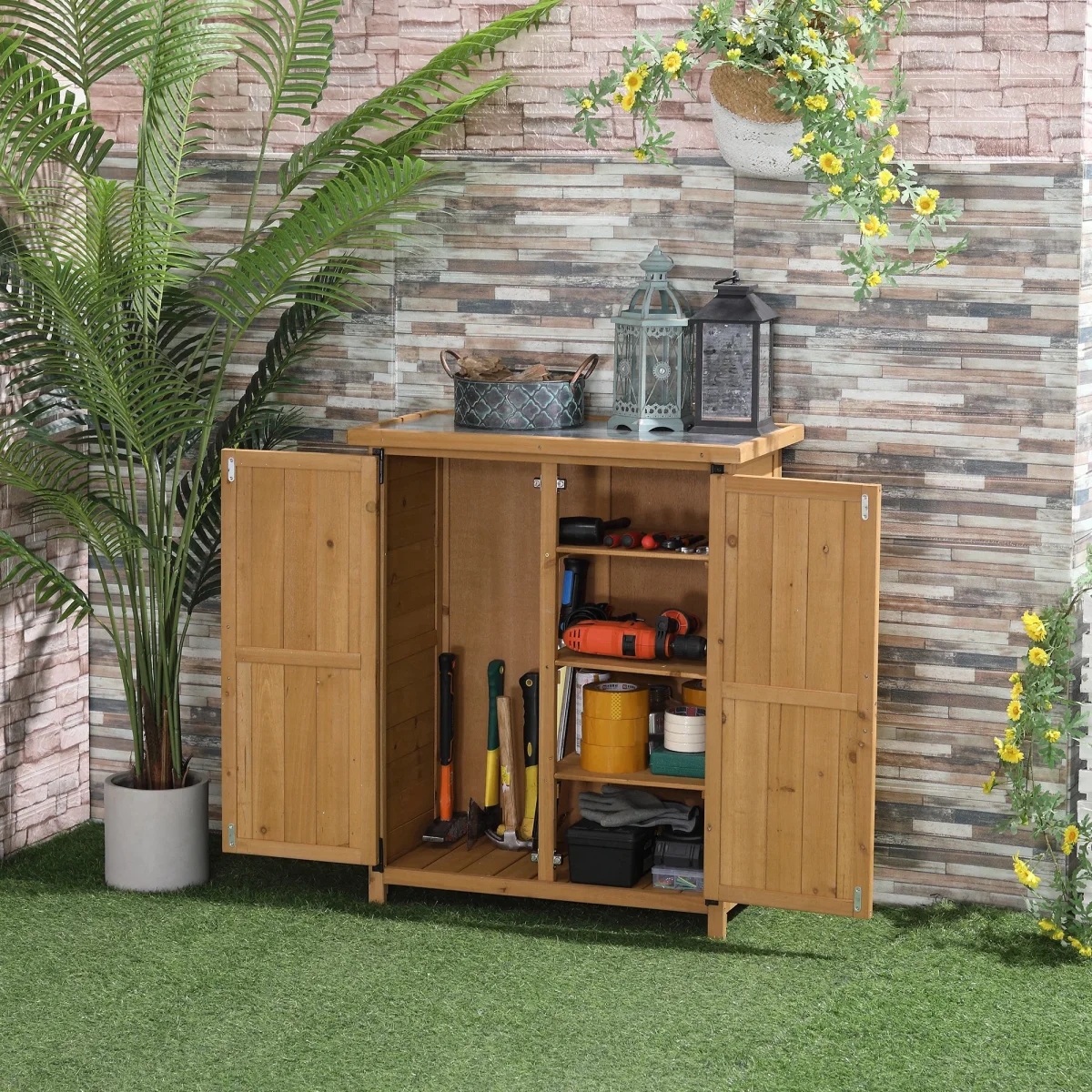 Armário de Madeira de Jardim 75x40x90cm 0,24m² para Armazenamento de Ferramentas com 2 Portas 4 Prateleiras e Teto Galvanizado para Exterior Terraço Natural - Image 2