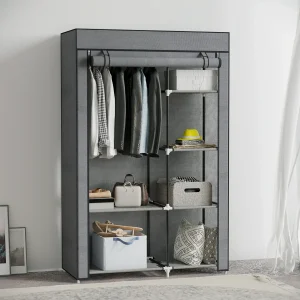Roupeiro de Tecido Dobrável Armário de Roupa Portátil com 6 Prateleiras e 1 Barra de Pendurar para Dormitório Vestidor 103x43x162,5 cm Cinzento