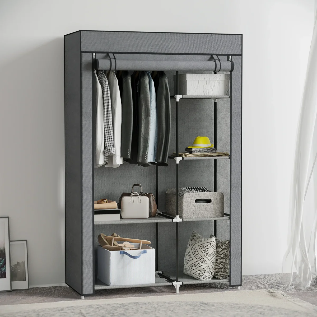 Roupeiro de Tecido Dobrável Armário de Roupa Portátil com 6 Prateleiras e 1 Barra de Pendurar para Dormitório Vestidor 103x43x162,5 cm Cinzento - Image 2