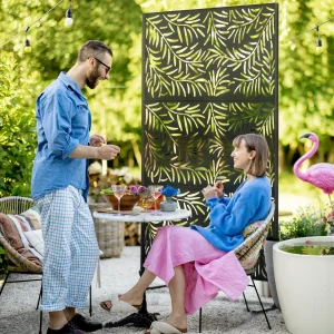 Biombo de 3 Peças Separador de Ambiente com Desenho em Ramos Biombo para Exterior Jardim Pátio Varanda 122x45x198 cm Preto