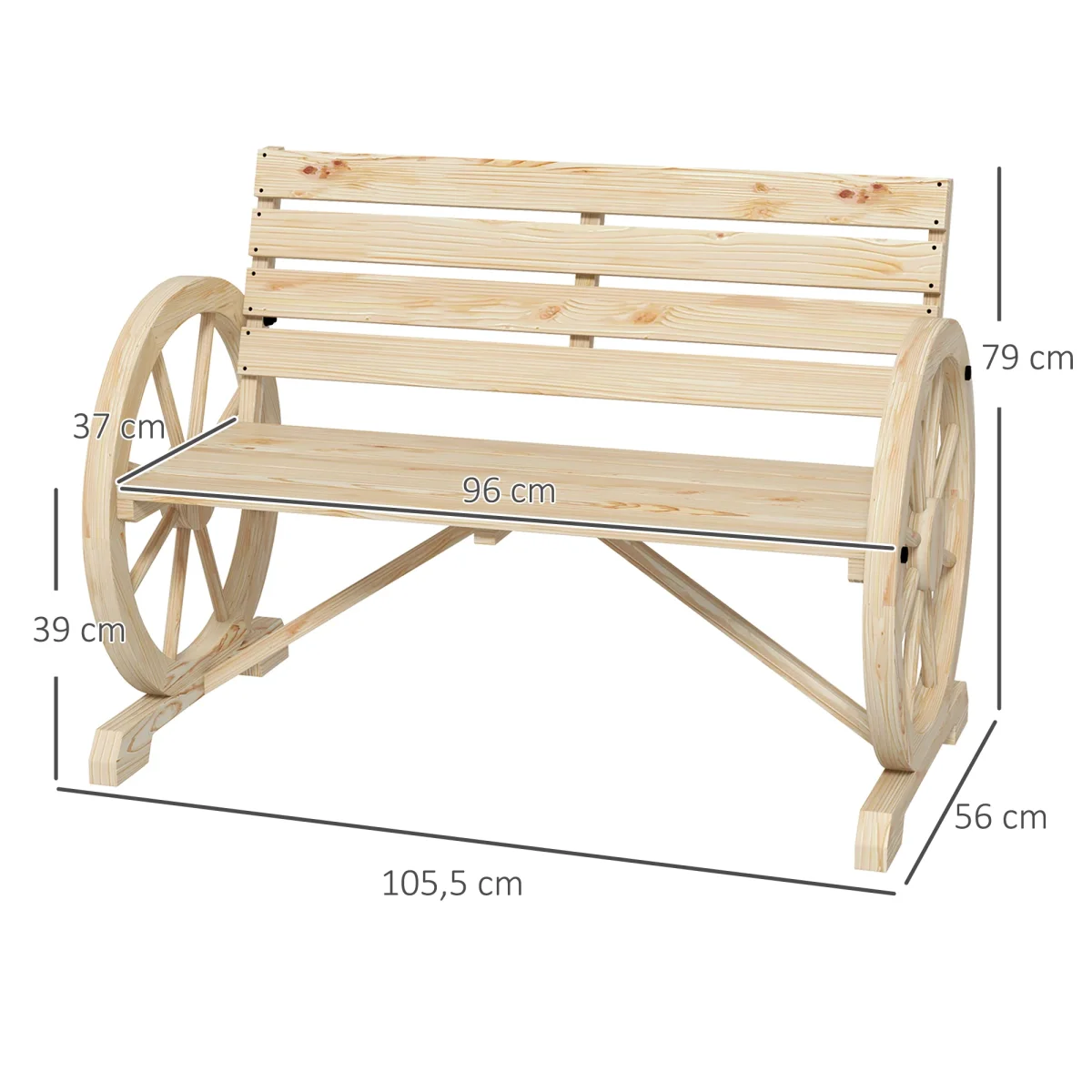 Banco de Jardim de Madeira Banco Exterior com Apoios em Forma de Roda Estilo Rústico Suporta até 240 kg 2 Lugares para Pátio ou Terraço 105,5x56x79 cm Madeira - Image 4