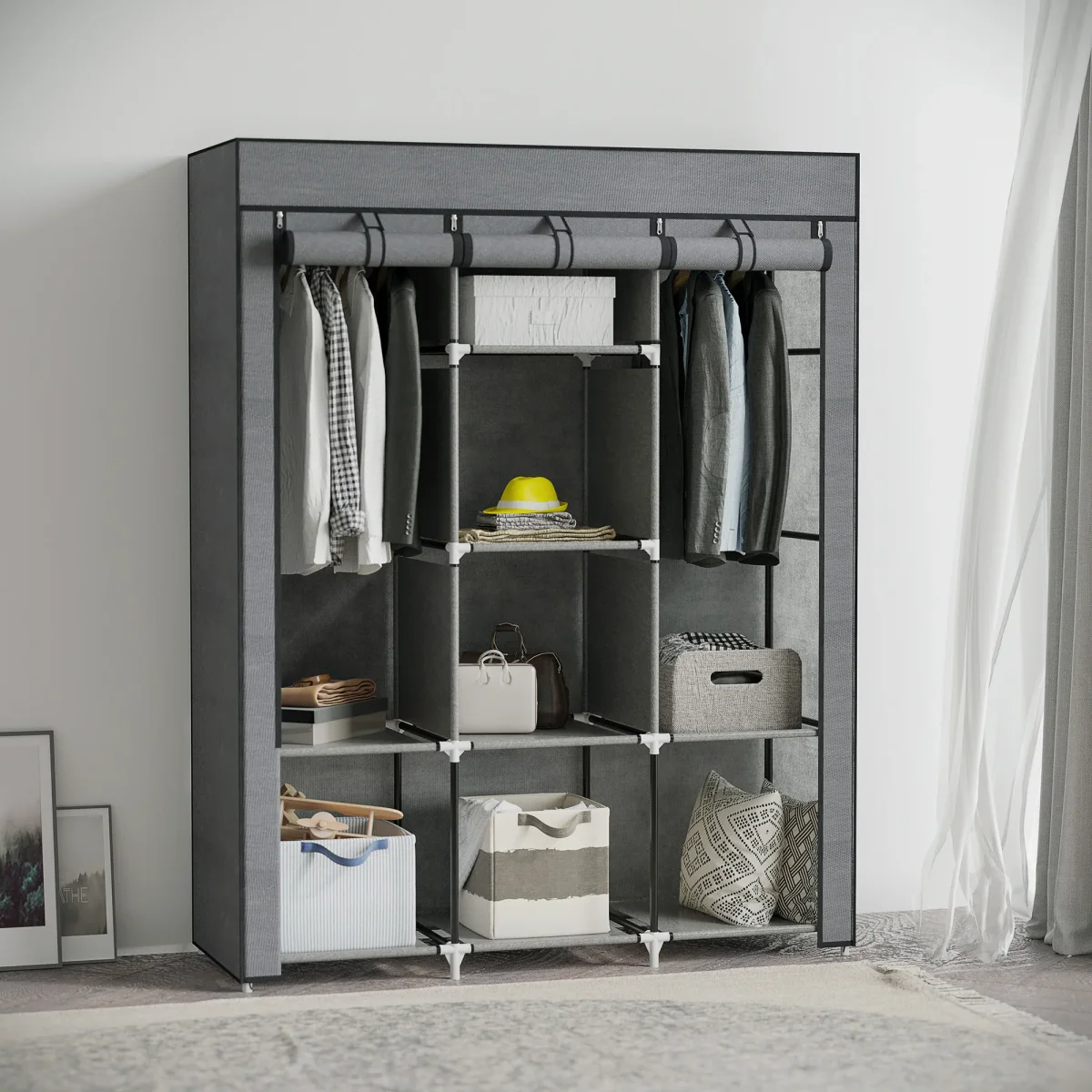 Roupeiro de Tecido Dobrável Armário Portátil com 8 Prateleiras de Armazenamento e 2 Barras de Pendurar Organizador de Roupa para Dormitório Vestidor 125x43x162,5 cm Cinzento