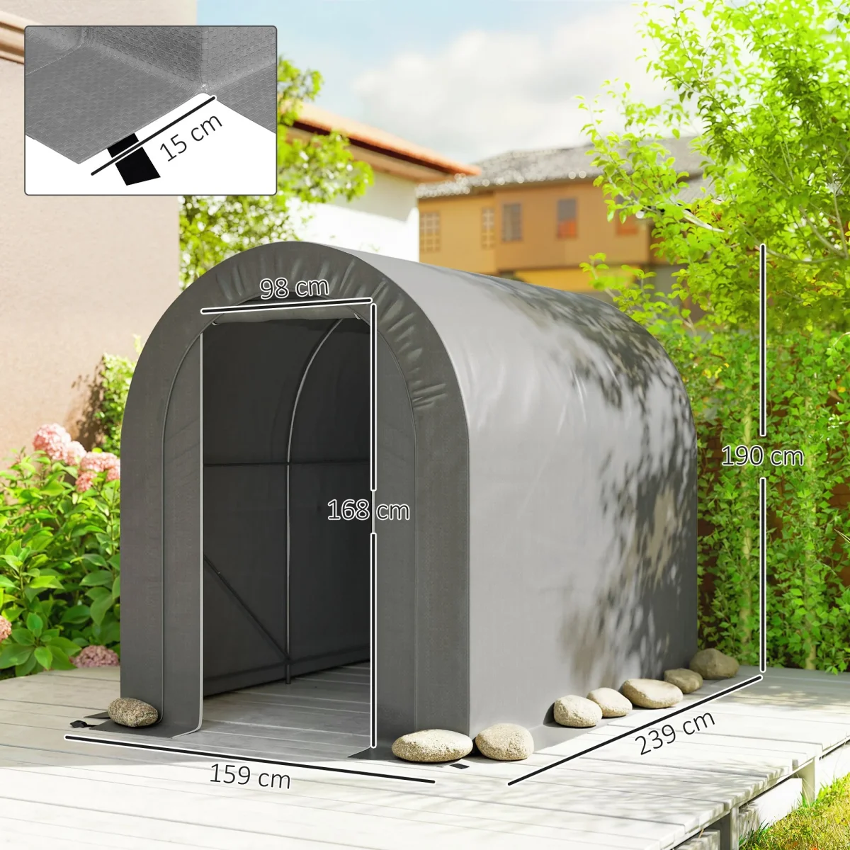 Tenda de Jardim Exterior para Ferramentas Bicicletas 2,4x1,6x1,9 m Abrigo Exterior com Estrutura em Aço Porta Enrolável com Fecho Impermeável Garagem Portátil Cinzento Claro - Image 4