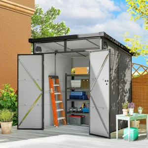 Abrigo de Jardim 3,24 m² 190x191x215 cm Abrigo Exterior com Porta de Correr e Trinco Janela e Ventilação para Armazenamento de Ferramentas Cinza Claro