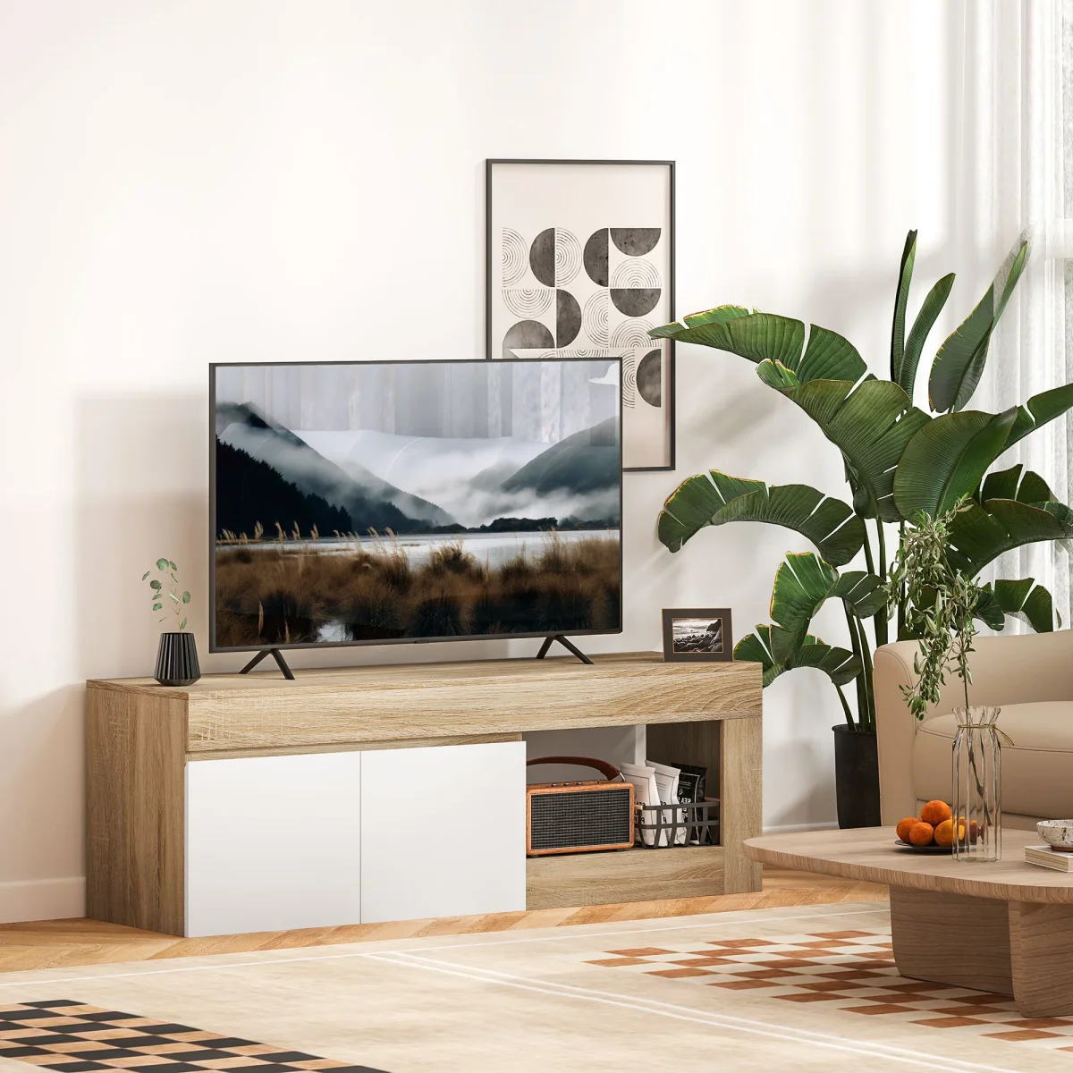 Móvel de TV Mobiliário de TV com 2 Portas Prateleira Aberta Móvel de TV de Sala de Estar para Televisóres de 60 Polegadas 140x40x48 cm Branco e Madeira - Image 9